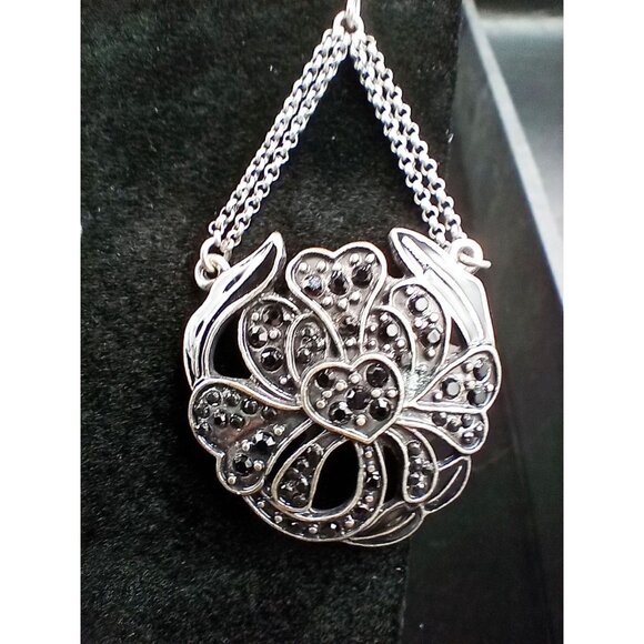 Vintage Silvertone Chain Drop Earrings Black Rhinestone Statement Dangle Gothic - Picture 6 of 14